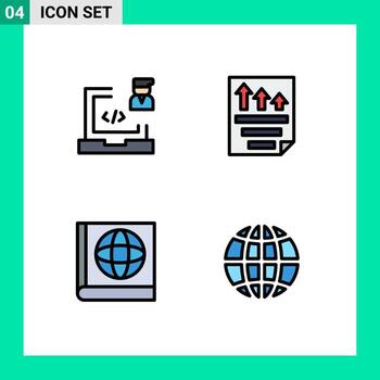 Mobile Interface Filledline Flat Color Set of 4 Pictograms of coding report laptop file book Editable Vector Design Elements