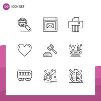 Modern Set of 9 Outlines Pictograph of hammer report device favorite love Editable Vector Design Elements