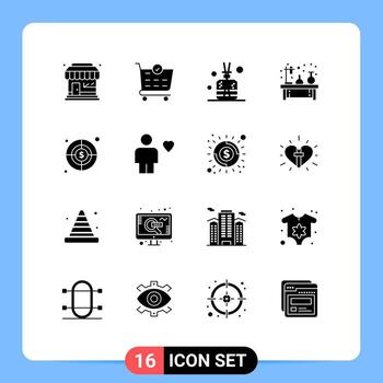 conjunto moderno de 16 pictogramas de glifos sólidos de elementos de diseño vectorial editables del experimento de laboratorio de barra de lámpara de destino vector