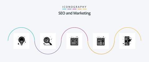 paquete de iconos seo glyph 5 que incluye la etiqueta seo. conectar. marcador. en todo el mundo. dominio vector