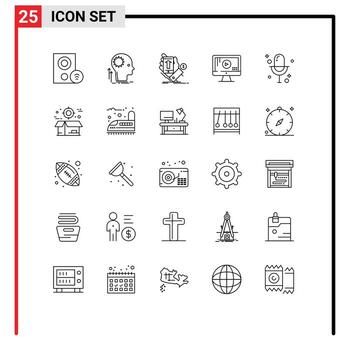 Pack of 25 Modern Lines Signs and Symbols for Web Print Media such as play computer idea currency shopping Editable Vector Design Elements
