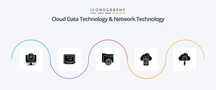 tecnología de datos en la nube y paquete de iconos de glifo 5 de tecnología de red, incluida la informática. célula. carpeta. móvil. nube vector