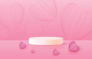 podio de pedestal de cilindro 3d realista de san valentín rosa con fondo pastel. decorado con corazones cortados en papel. plataforma geométrica de representación vectorial abstracta. presentación de exhibición de productos. escena mínima. vector