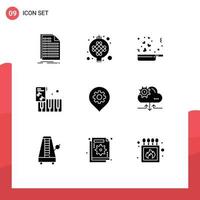 Mobile Interface Solid Glyph Set of 9 Pictograms of setting music light instrument romance Editable Vector Design Elements