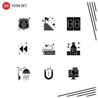 Mobile Interface Solid Glyph Set of 9 Pictograms of socket electronic success rewind arrow Editable Vector Design Elements