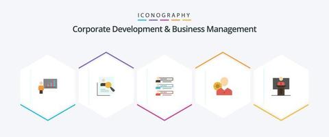 Corporate Development And Business Management 25 Flat icon pack including settings. people. hunting. graphs. search vector