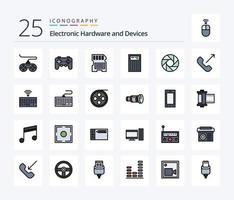 paquete de iconos llenos de 25 líneas de dispositivos, incluida la entrada. foto. calcular. enfocar. abertura vector