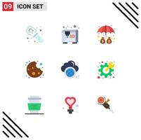 Mobile Interface Flat Color Set of 9 Pictograms of cog world protection globe cloud Editable Vector Design Elements