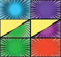 Comic book colorful frames background with halftone rays radial and dotted effects pop art style vector