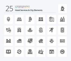 servicios de hotel y elementos de la ciudad paquete de iconos de 25 líneas que incluye mapa. Servicio. baño. habitación. hotel vector