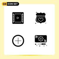 Mobile Interface Solid Glyph Set of 4 Pictograms of cienma tape plus guard secure development Editable Vector Design Elements