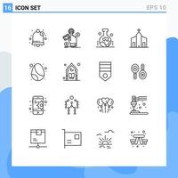 Pack of 16 Modern Outlines Signs and Symbols for Web Print Media such as birthday historic geography church building Editable Vector Design Elements