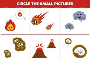 Education game for children circle the small picture of cute cartoon fire meteor smoke volcano fossil printable nature worksheet vector