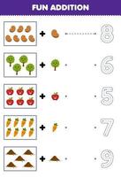 Education game for children fun counting and add one more cartoon bean tree apple carrot soil then choose the correct number nature worksheet vector