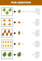 Education game for children fun counting and add one more cartoon leaf then choose the correct number nature worksheet vector