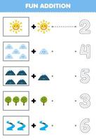 Education game for children fun counting and add one more cartoon sun cloud mountain tree river then choose the correct number nature worksheet vector