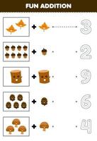 Education game for children fun counting and add one more cartoon maple leaf acorn wood log pinecone mushroom then choose the correct number nature worksheet vector