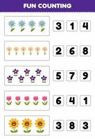 Education game for children fun counting and choosing the correct number of cute cartoon flower printable nature worksheet vector