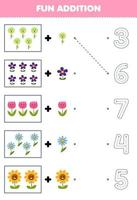 Education game for children fun counting and add one more cartoon flower then choose the correct number nature worksheet vector