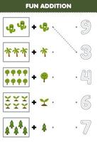 Education game for children fun counting and add one more cartoon tree then choose the correct number nature worksheet vector