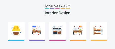 Paquete de 5 iconos planos de diseño de interiores que incluye cama de bebé. armario. Horno. gabinete. Cocinando. diseño de iconos creativos vector