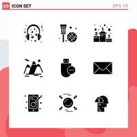 Universal Icon Symbols Group of 9 Modern Solid Glyphs of landscape travel net mountain success Editable Vector Design Elements