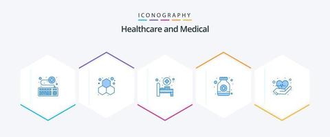 paquete médico de 25 íconos azules que incluye el corazón. medicamento. ciencia. botella de jarabe. pastillas vector