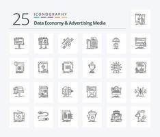 Data Economy And Advertising Media 25 Line icon pack including telephone. fax. poster. transmitter. radio vector