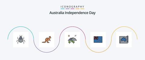 la línea del día de la independencia de australia llenó el paquete de iconos planos 5 que incluye la bandera. Australia. canguro. australiano. árbol vector