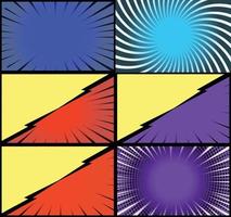 Comic book colorful frames background with halftone rays radial and dotted effects pop art style vector