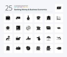 Banking Money And Business Economics 25 Solid Glyph icon pack including secure. financial. money. finance. business vector