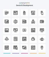 dispositivo creativo y desarrollo 25 paquete de iconos de esquema como interfaz. tocar radio. qa pruebas vector