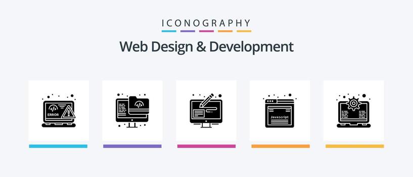 paquete de iconos de glifo 5 de diseño y desarrollo web que incluye equipo. javascript. pantalla. desarrollo. lápiz. diseño de iconos creativos vector
