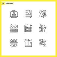 9 Thematic Vector Outlines and Editable Symbols of bed ware house atom fence building Editable Vector Design Elements