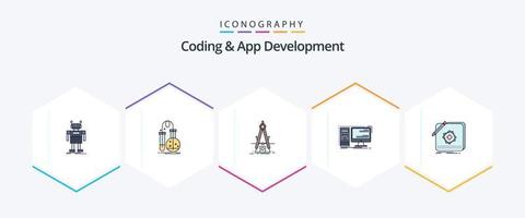 Codificación y desarrollo de aplicaciones Paquete de iconos de 25 líneas completas que incluye escritorio. desarrollo. laboratorio. refinamiento. medida vector