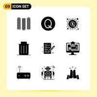 Pack of 9 Modern Solid Glyphs Signs and Symbols for Web Print Media such as list trash dollar remove garbage Editable Vector Design Elements