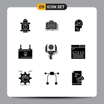 paquete de línea vectorial editable de 9 glifos sólidos simples de automatización electricidad aprendizaje ecología batería elementos de diseño vectorial editables vector