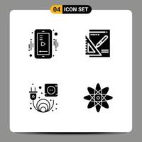 Set of 4 Commercial Solid Glyphs pack for media outlet video presentation atom Editable Vector Design Elements