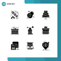 Group of 9 Modern Solid Glyphs Set for mind concentration food balance announcement Editable Vector Design Elements