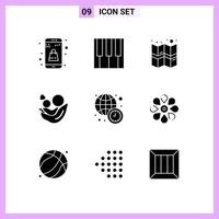 9 Thematic Vector Solid Glyphs and Editable Symbols of time clock location heart kids Editable Vector Design Elements
