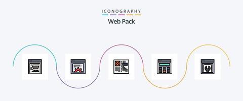 línea de paquete web lleno de paquete de iconos planos 5 que incluye mantenimiento web. configuración web. diseño. avance web. web vector