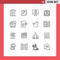 Pictogram Set of 16 Simple Outlines of bathroom solution monitor laptop bulb Editable Vector Design Elements