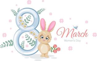 Cute spring card with cartoon bunny, flowers and number 8 vector