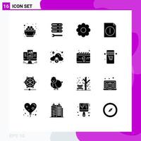 Solid Glyph Pack of 16 Universal Symbols of laptop report web file alert Editable Vector Design Elements