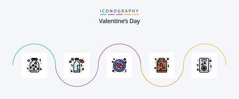 la línea del día de san valentín llenó el paquete de iconos flat 5 que incluye compras. amar. vino. favorito. enamorado vector