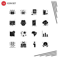 Group of 16 Modern Solid Glyphs Set for upload computer book cloud juice Editable Vector Design Elements