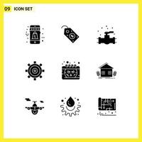 Mobile Interface Solid Glyph Set of 9 Pictograms of calendar gear mechanical development coding Editable Vector Design Elements