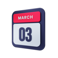 ícone de calendário realista de março ilustração 3d data 03 de março png