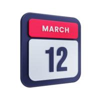 March Realistic Calendar Icon 3D Illustration Date March 12 png