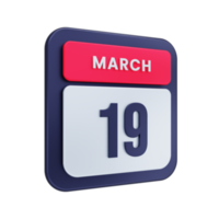 March Realistic Calendar Icon 3D Illustration Date March 19 png